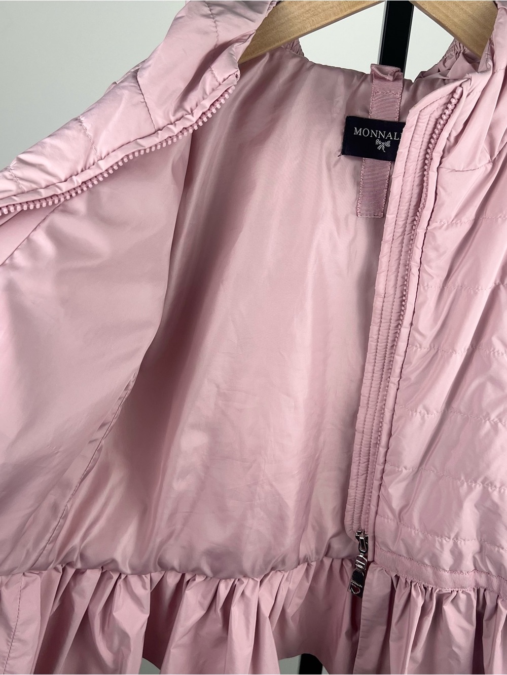 Monnalisa Girls Lightweight Hooded Ruffled Puffer Jacket, Pink, 8Y - Picture 8 of 10